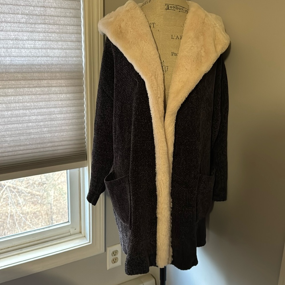 Lush Jacket Black Marl Chenille Hooded Cream Faux Fur Trim